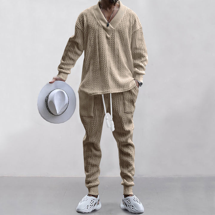 Self Design V-Neck Long Sleeves Sweatshirt With Jogger