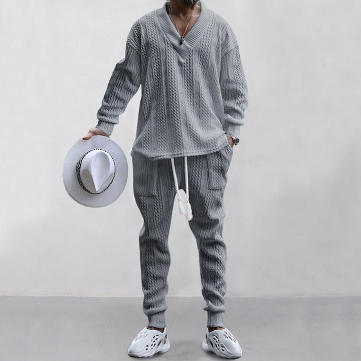 Self Design V-Neck Long Sleeves Pure Cotton Sweatshirt With Jogger