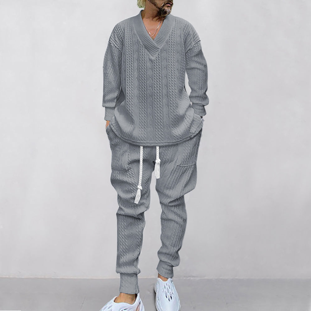 Self Design V-Neck Long Sleeves Pure Cotton Sweatshirt With Jogger