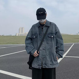 Men Spread Collar Washed Self Design Casual Denim Jacket