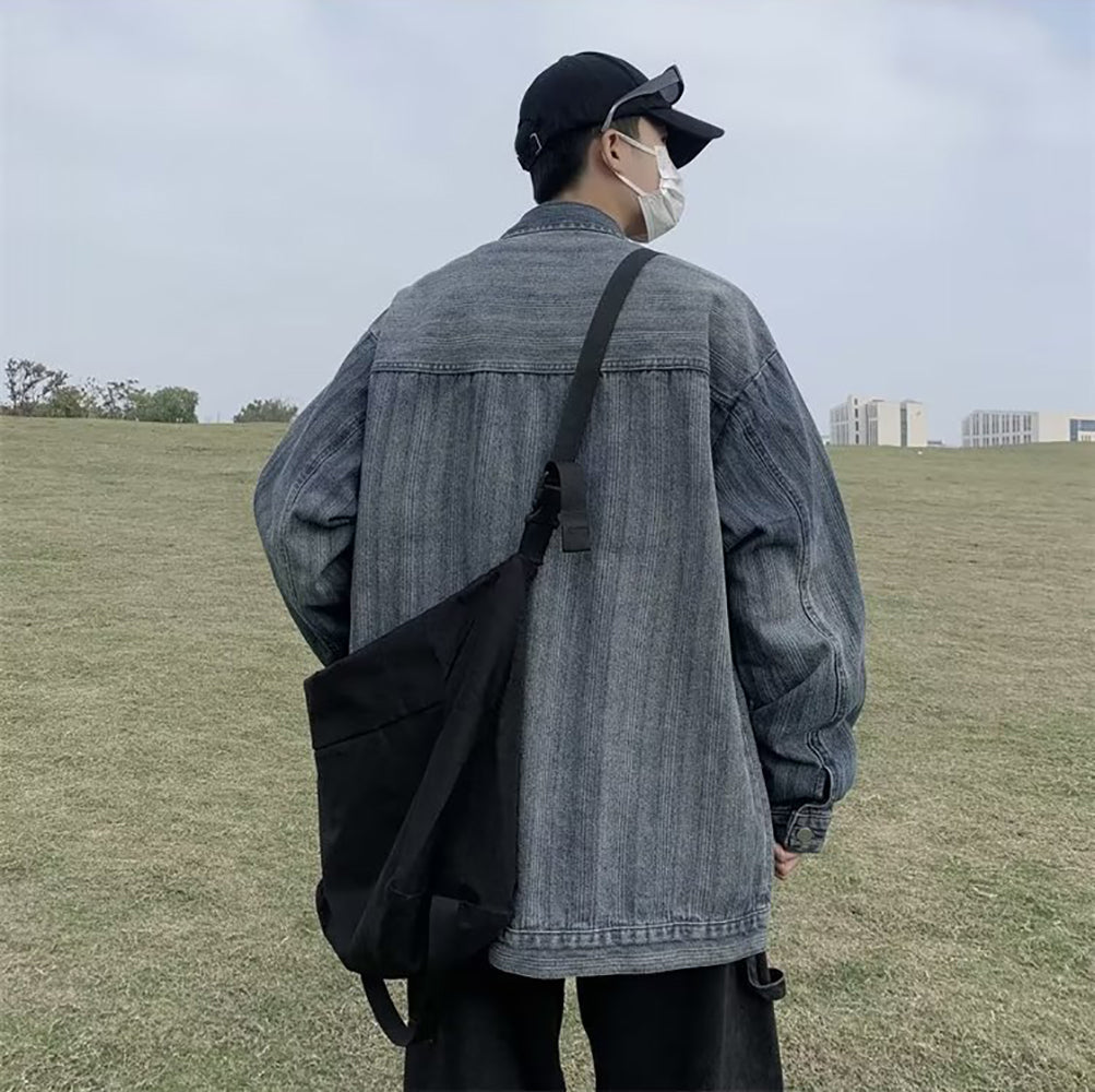 Men Spread Collar Washed Self Design Casual Denim Jacket