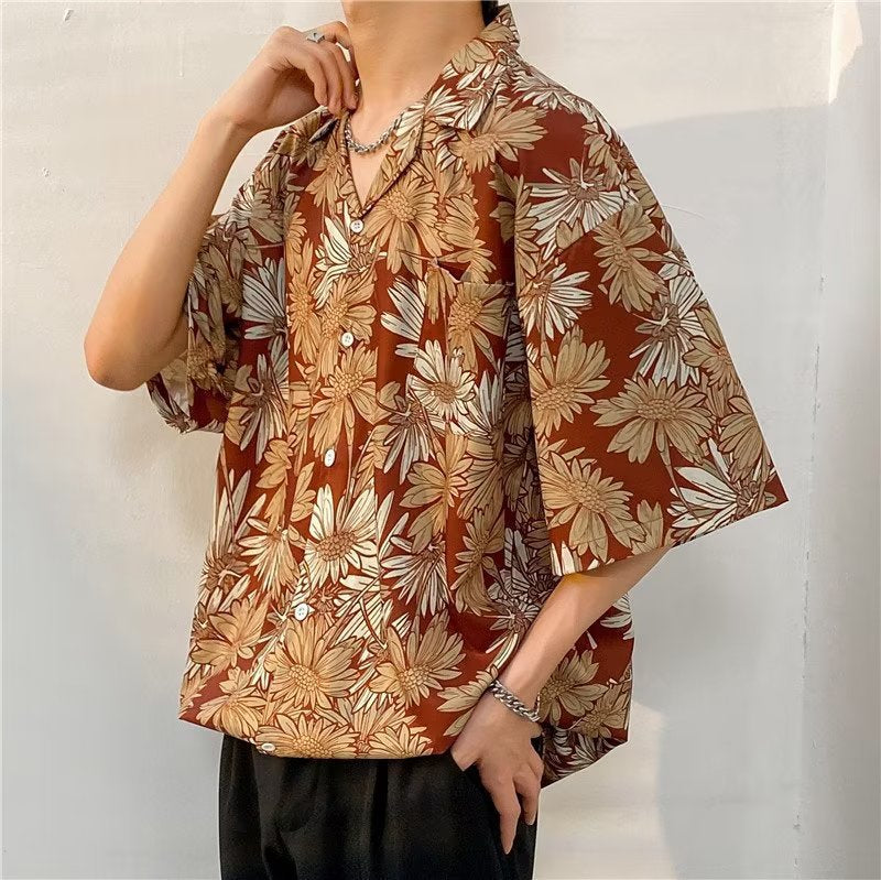 Oversized Floral Printed Lapel Collar Shirt