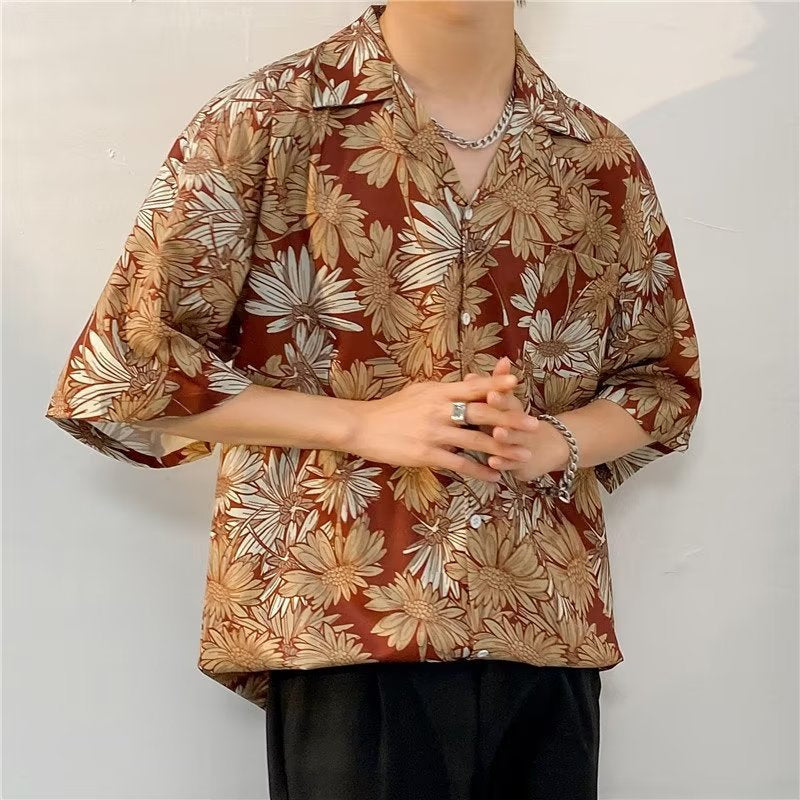 Oversized Floral Printed Lapel Collar Shirt