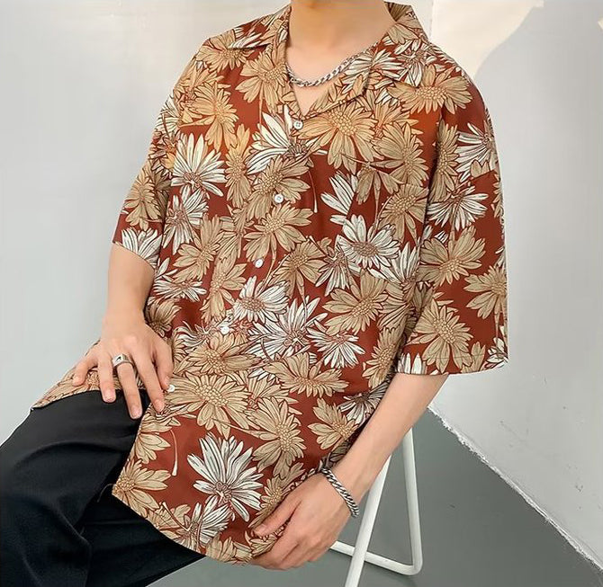 Oversized Floral Printed Lapel Collar Shirt