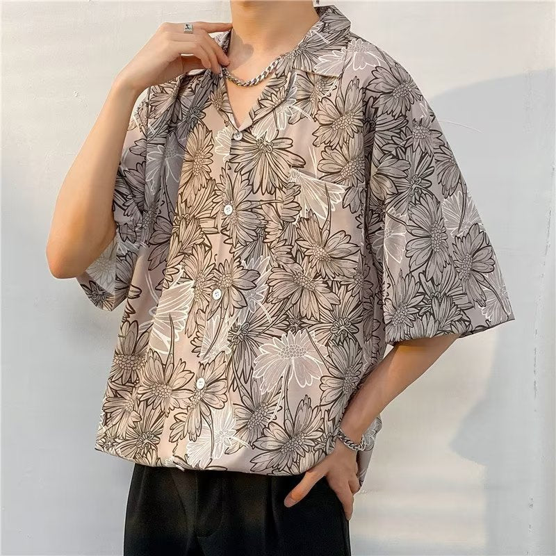 Oversized Floral Printed Lapel Collar Shirt
