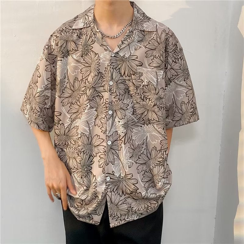 Oversized Floral Printed Lapel Collar Shirt