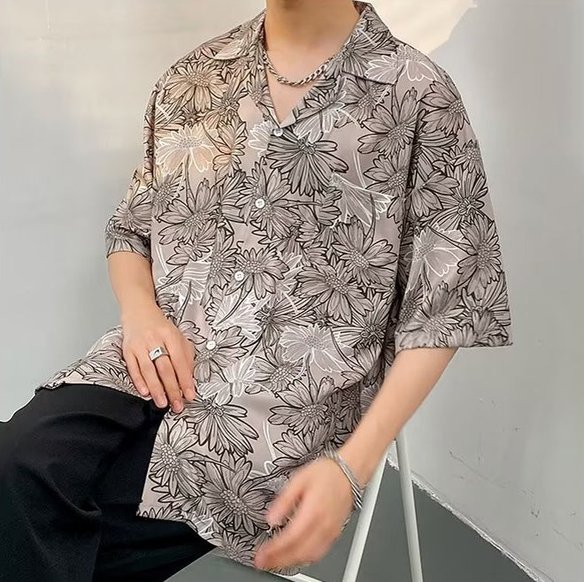 Oversized Floral Printed Lapel Collar Shirt