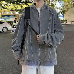 Men Mock Collar Washed Self Design Casual Denim Jacket