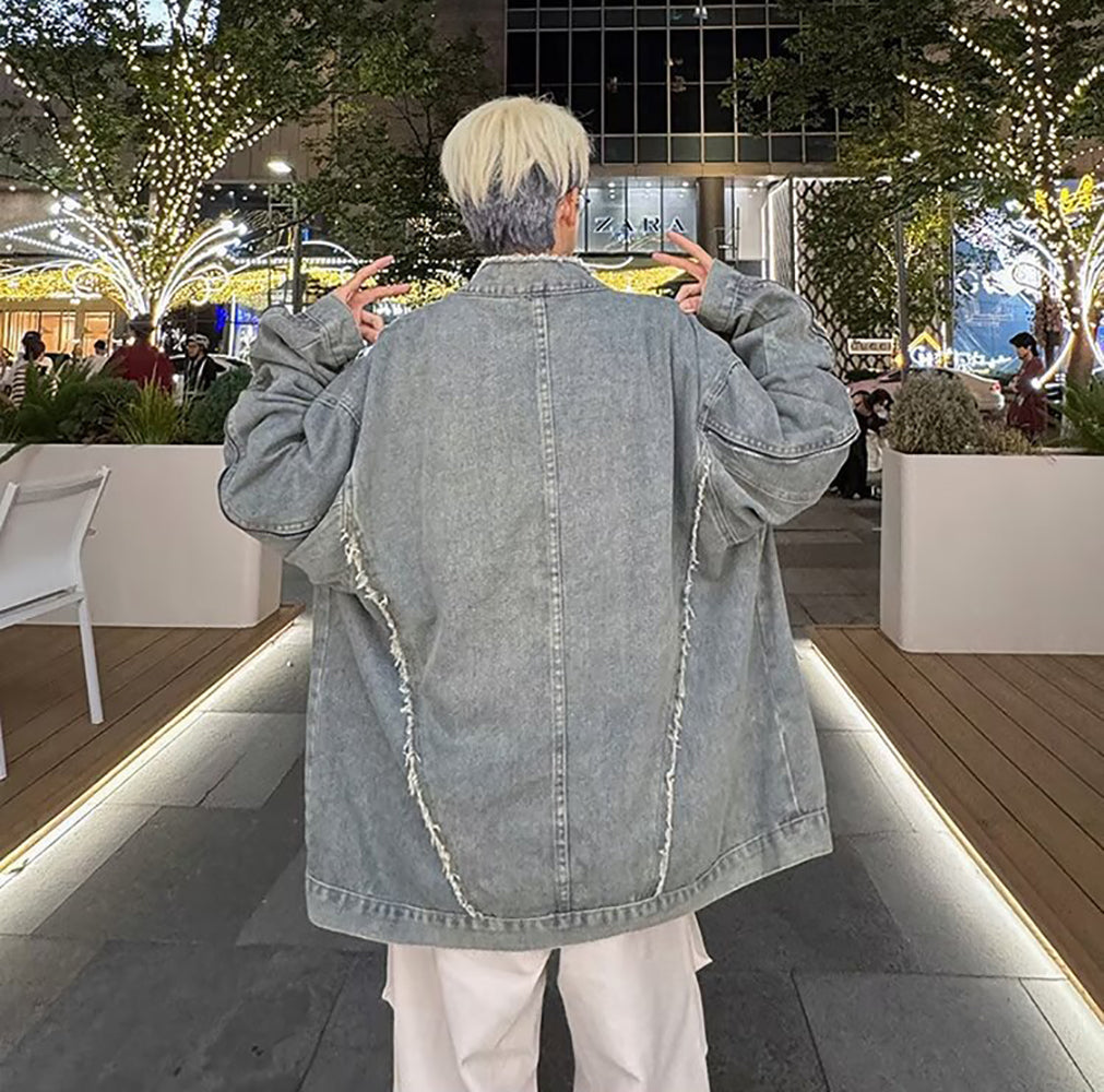 Men Mock Collar Washed Self Design Casual Denim Jacket