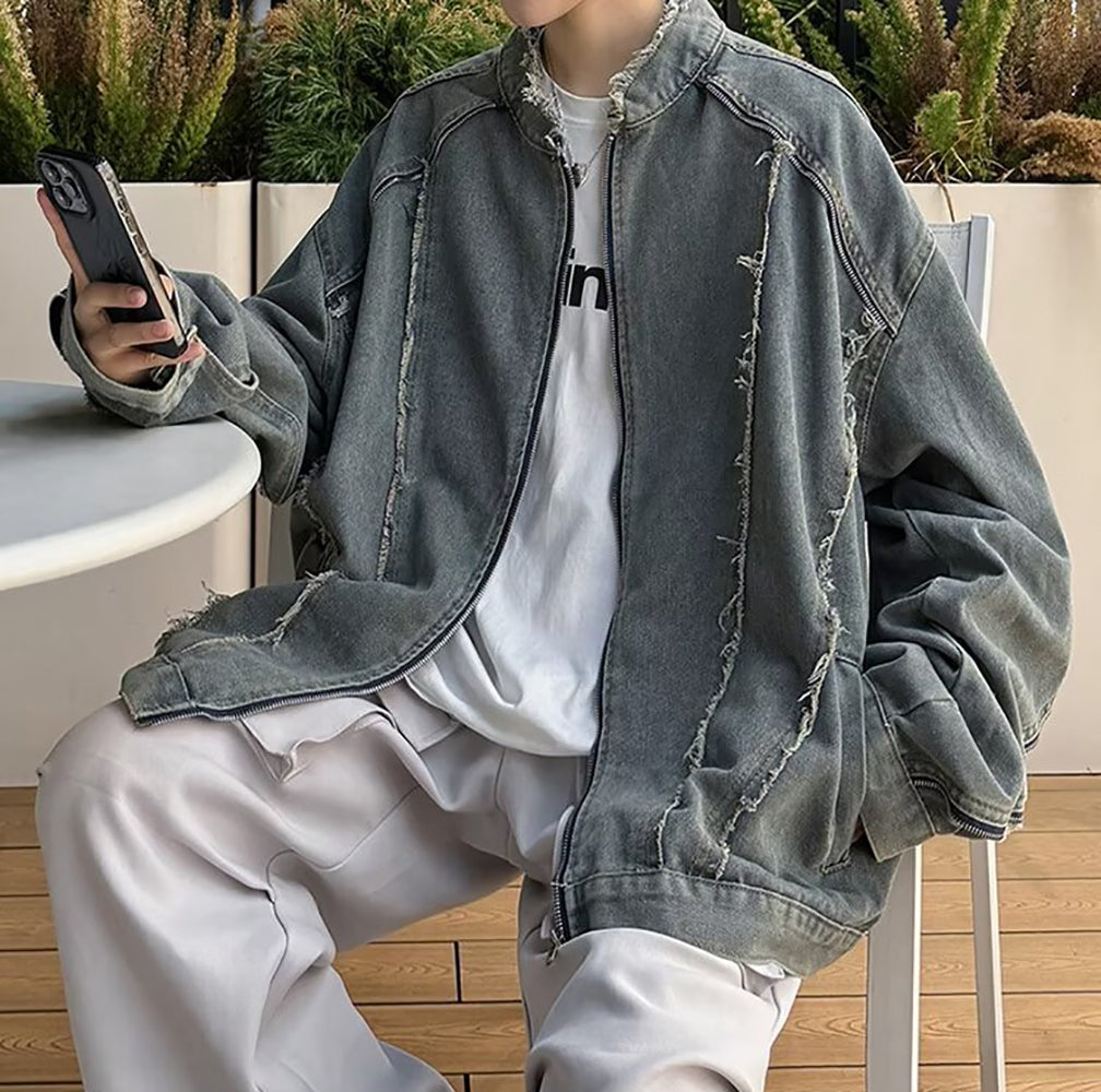 Men Mock Collar Washed Self Design Casual Denim Jacket