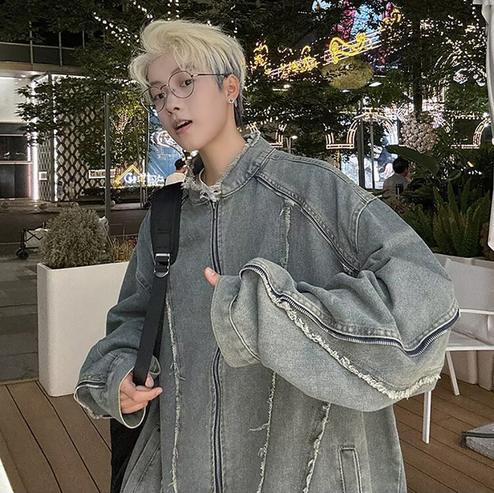 Men Mock Collar Washed Self Design Casual Denim Jacket
