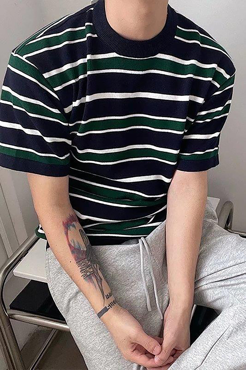 Men Striped Raw Edge T-shirt
