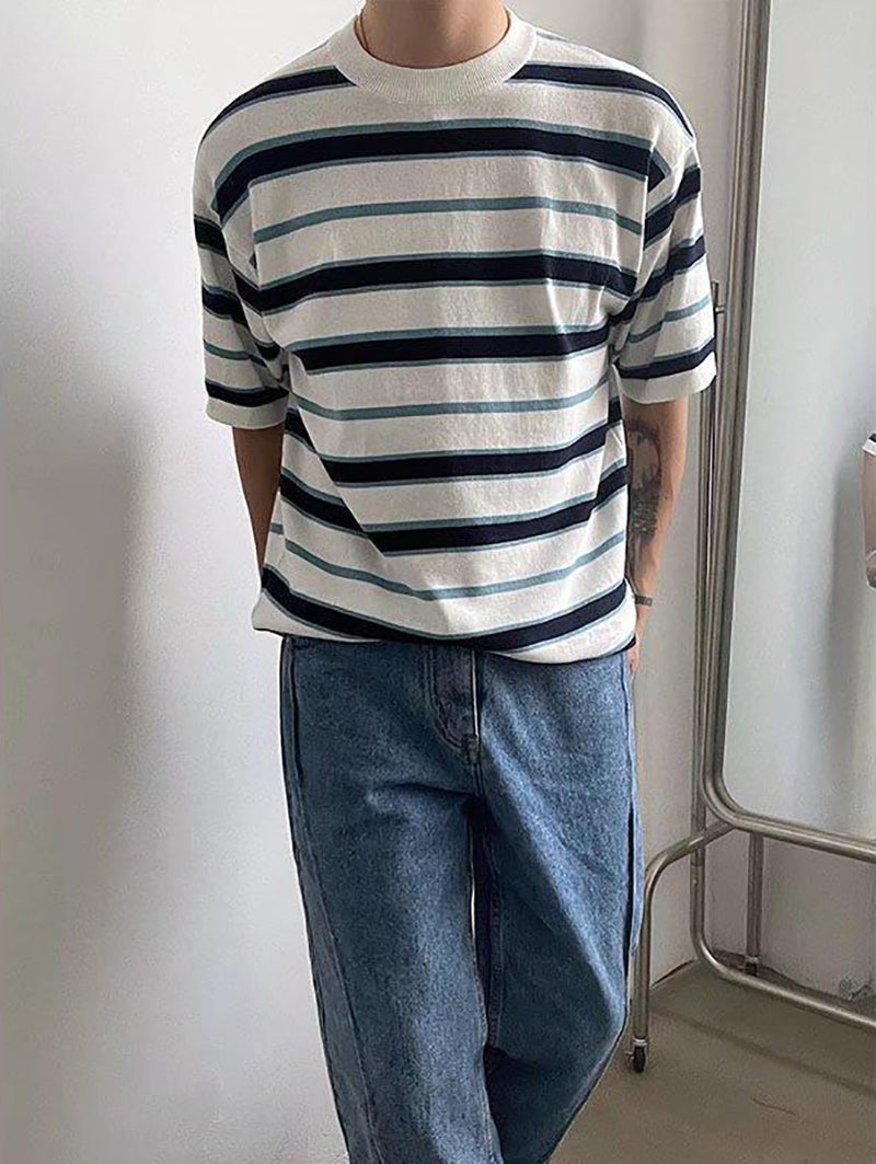 Men Striped Raw Edge T-shirt