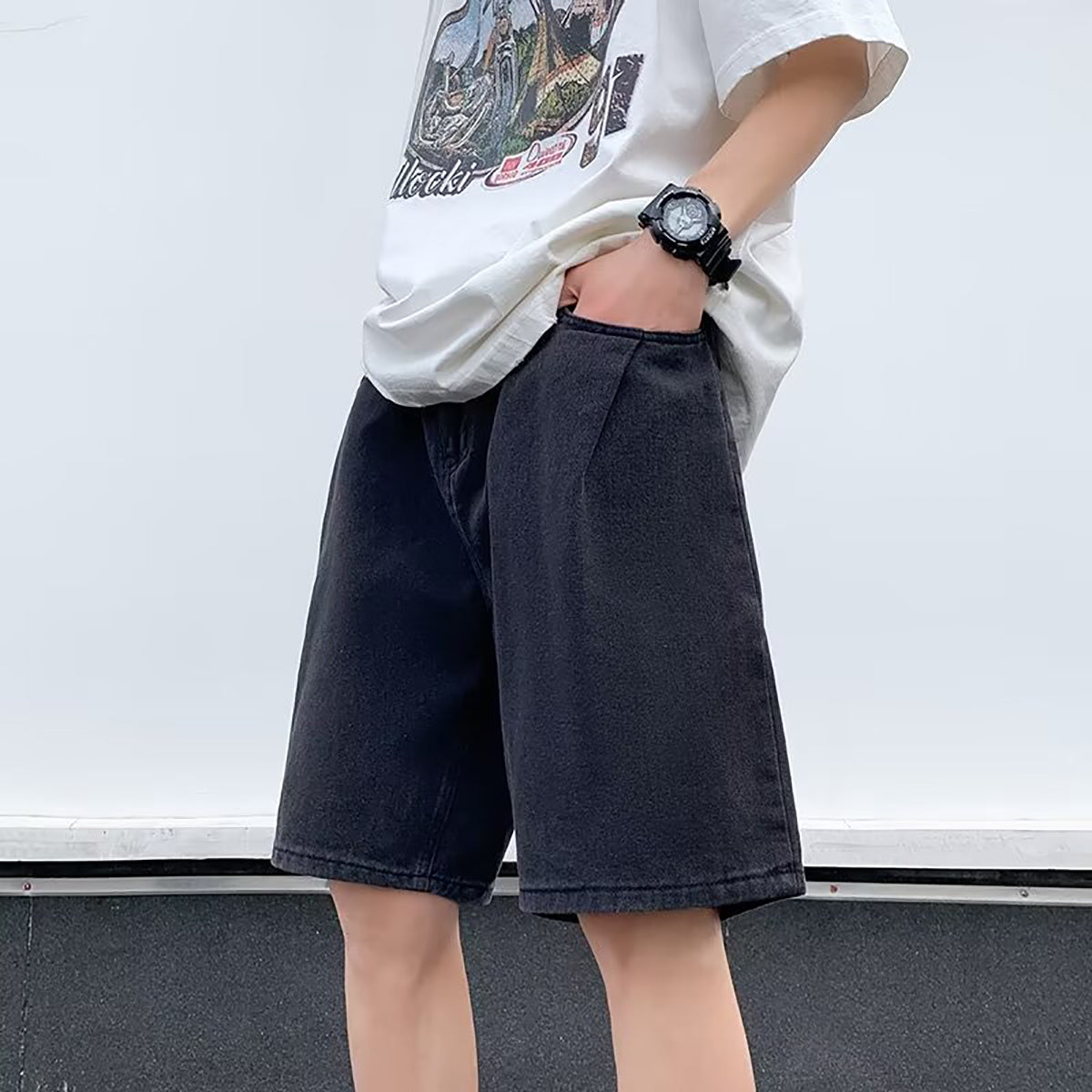 Men Solid Loose Fit Denim Shorts