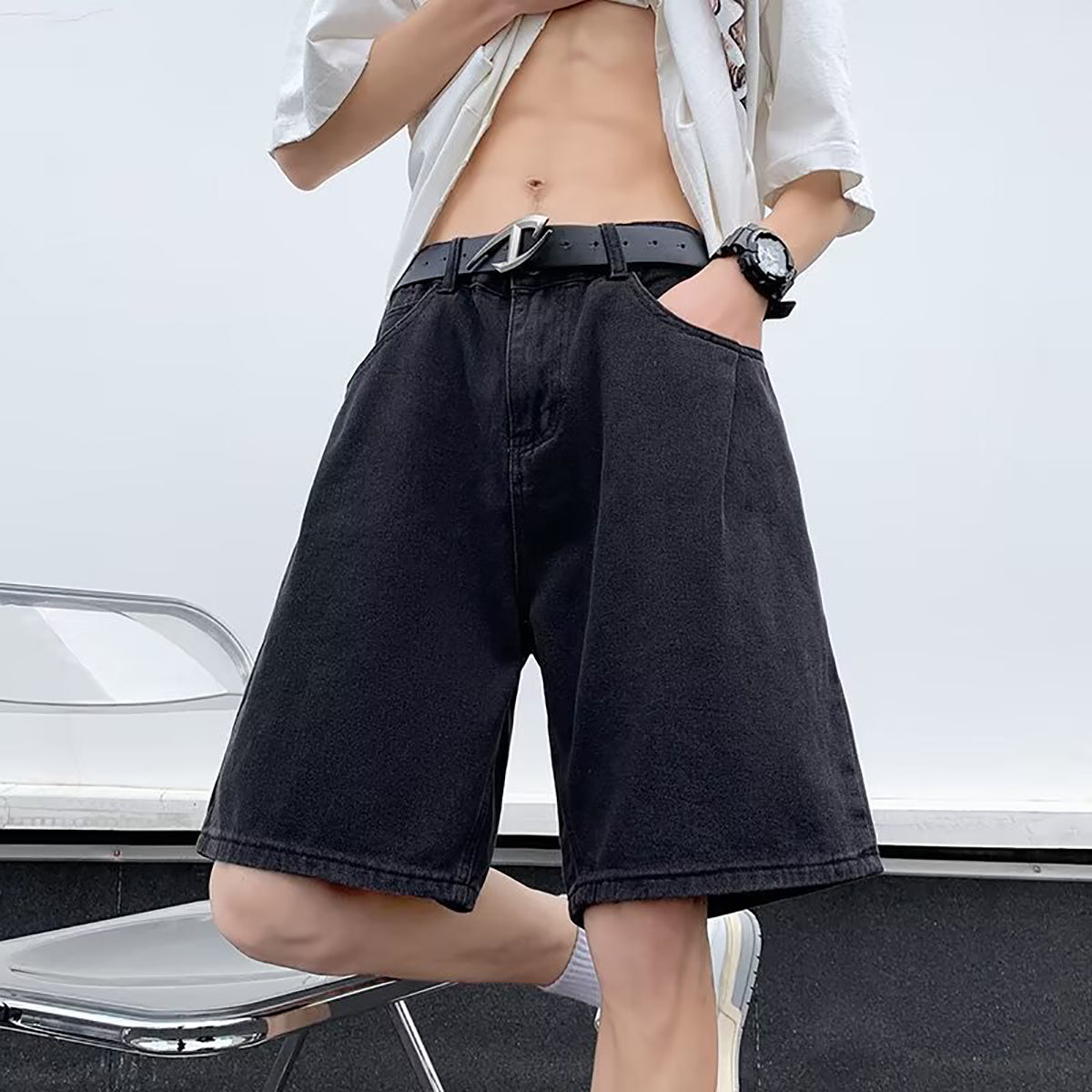 Men Solid Loose Fit Denim Shorts