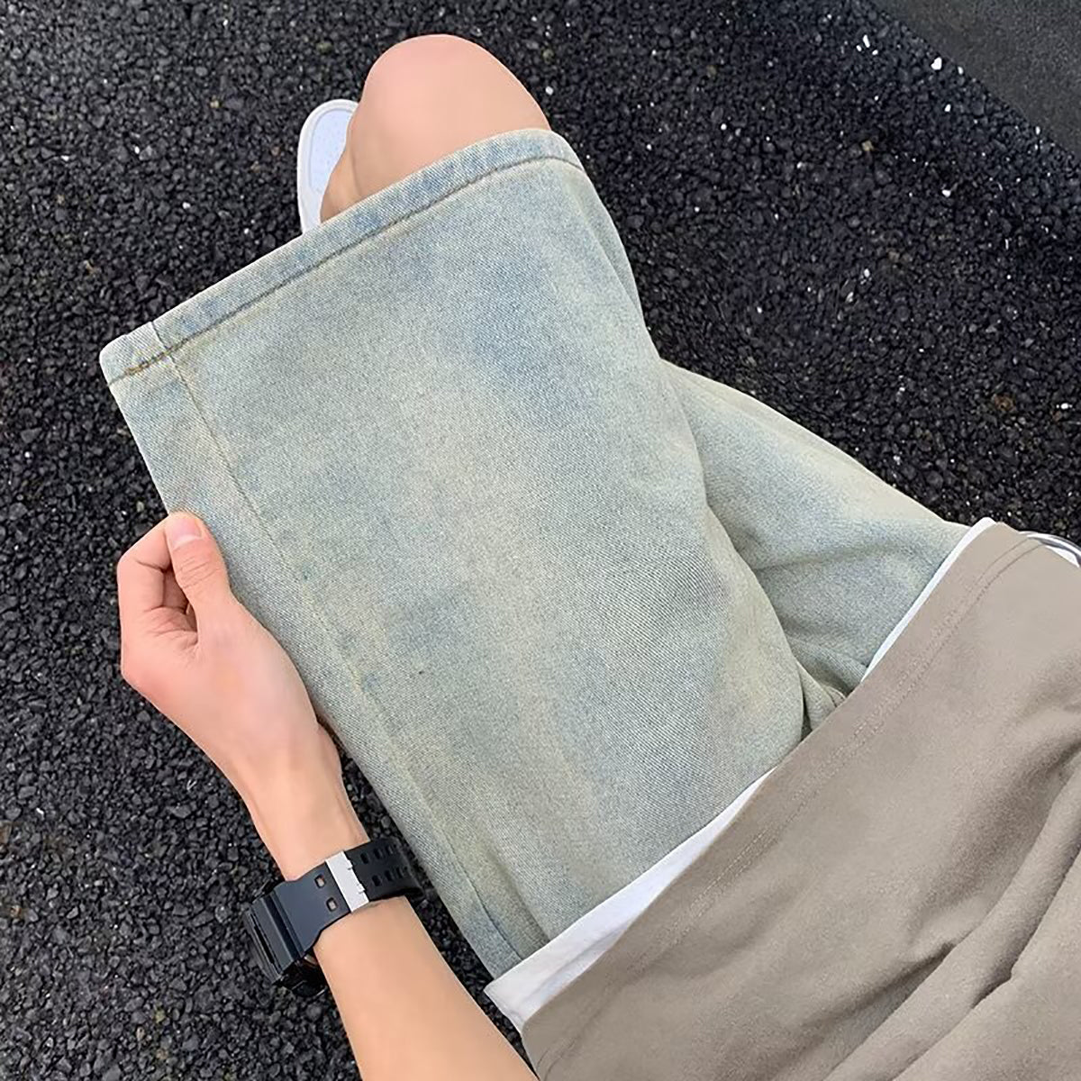 Men Solid Loose Fit Denim Shorts