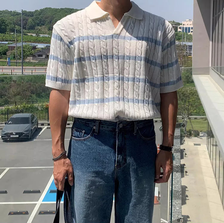 Striped Polo Collar Raw Edge T-shirt