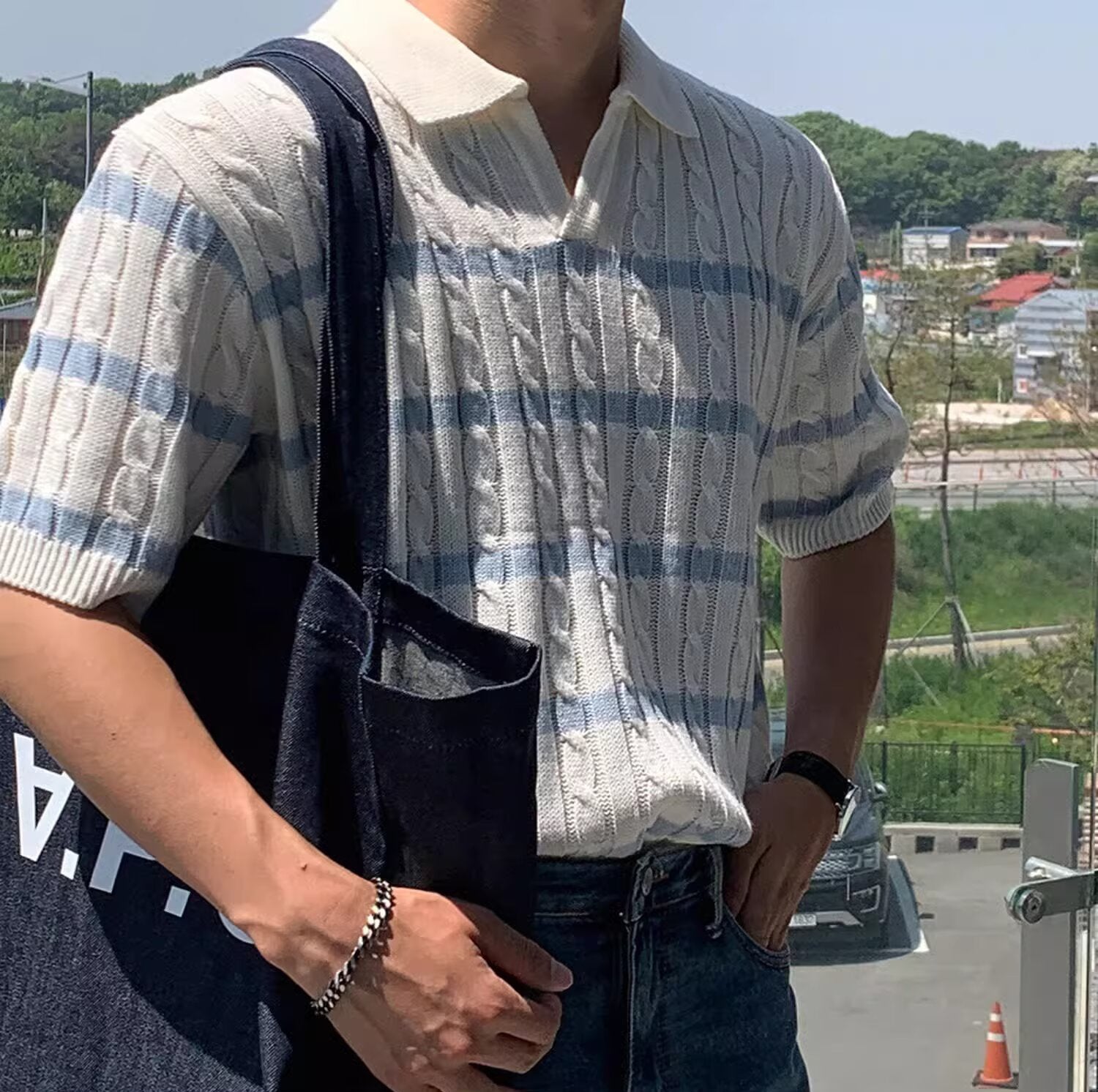 Striped Polo Collar Raw Edge T-shirt