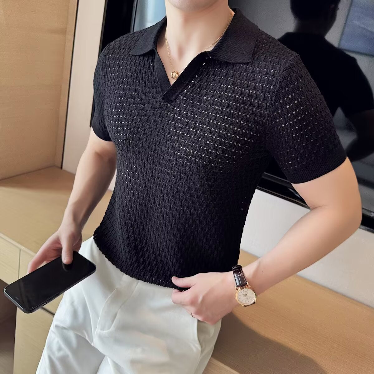 Self Design Polo Collar Short Sleeves T-shirt