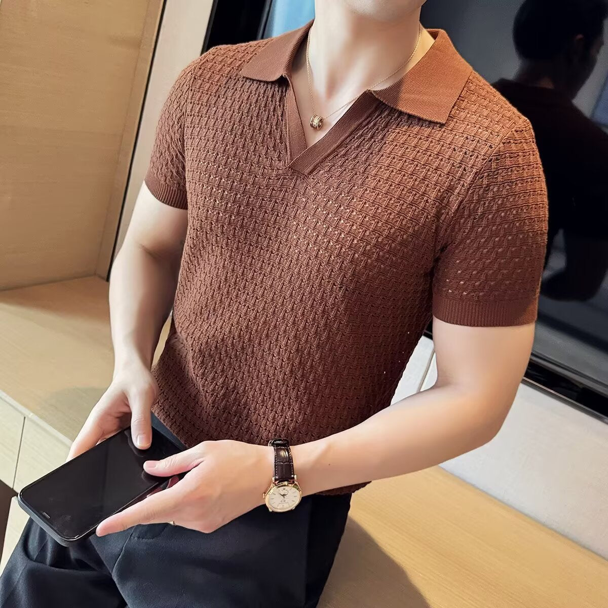 Textured Polo Collar T-shirt