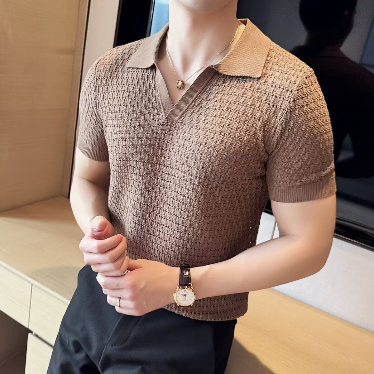 Self Design Polo Collar Short Sleeves Regular Fit T-shirt