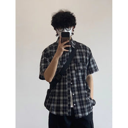 Men Tartan Checked Spread Collar Casual Shirt