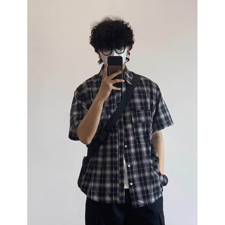 Men Tartan Checked Spread Collar Casual Shirt