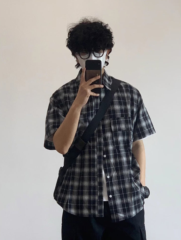 Men Tartan Checked Spread Collar Casual Shirt
