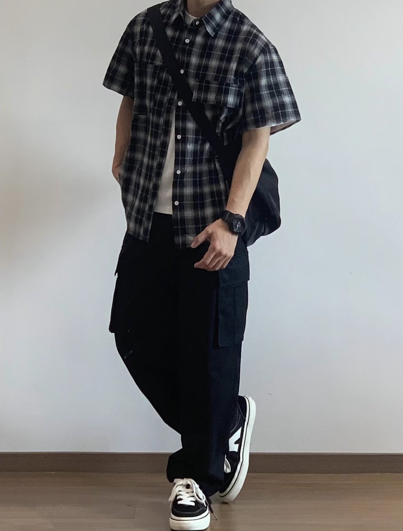 Men Tartan Checked Spread Collar Casual Shirt