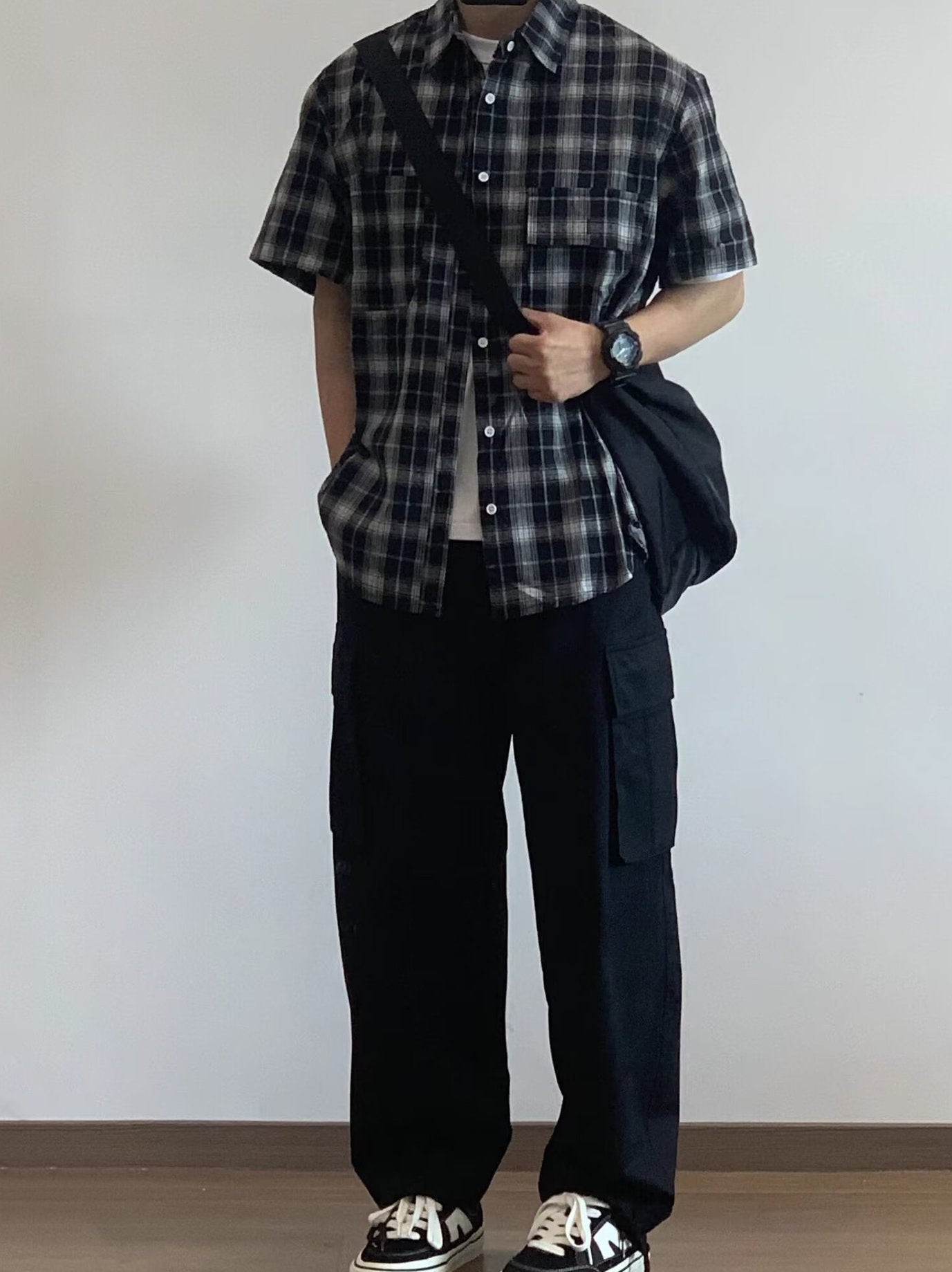 Men Tartan Checked Spread Collar Casual Shirt