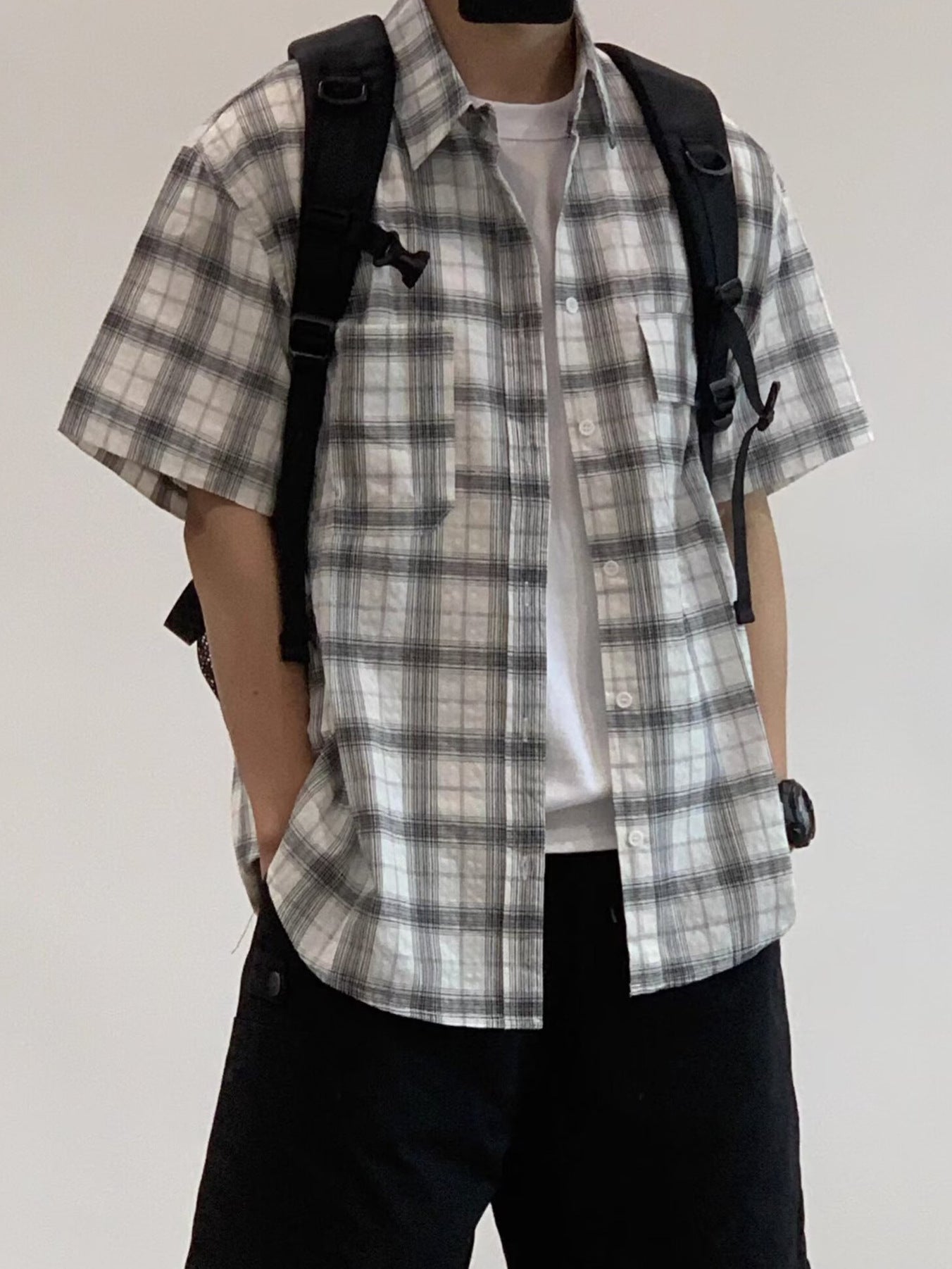 Men Tartan Checked Spread Collar Casual Shirt