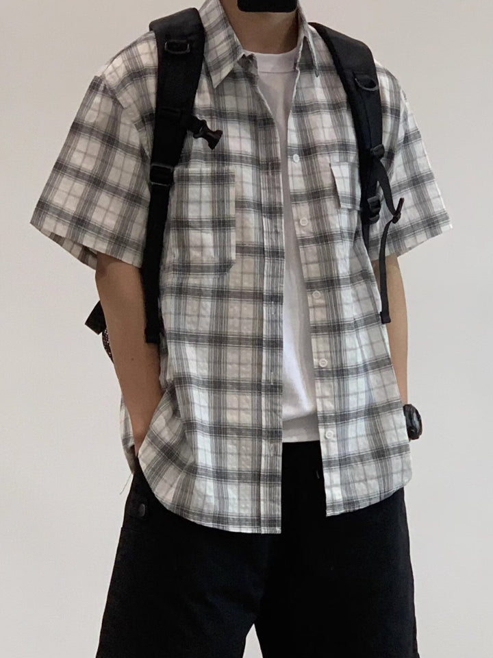 Men Tartan Checked Spread Collar Casual Shirt