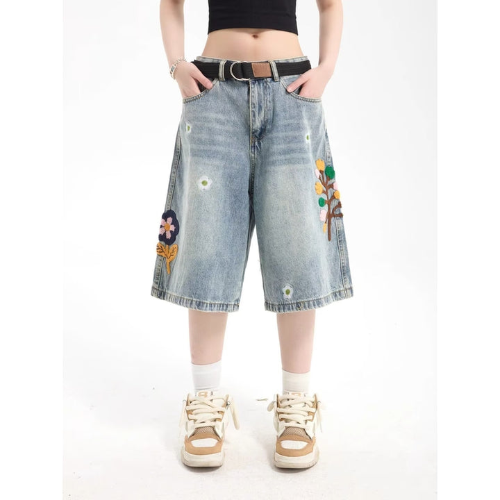 Men Floral Applique  Baggy Denim Shorts