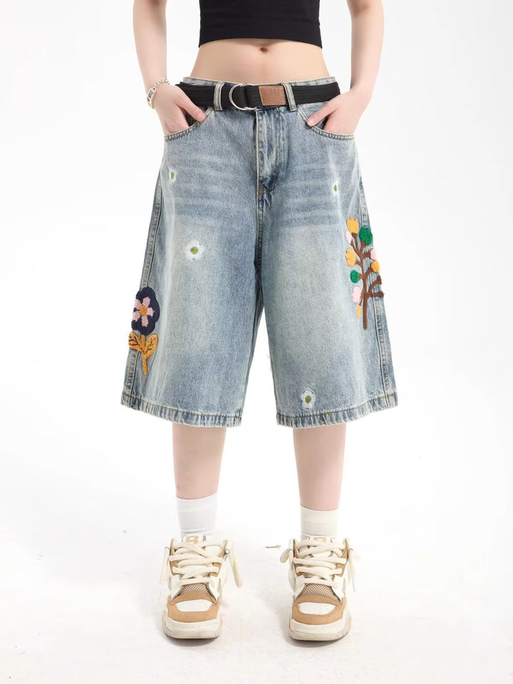 Men Floral Applique  Baggy Denim Shorts