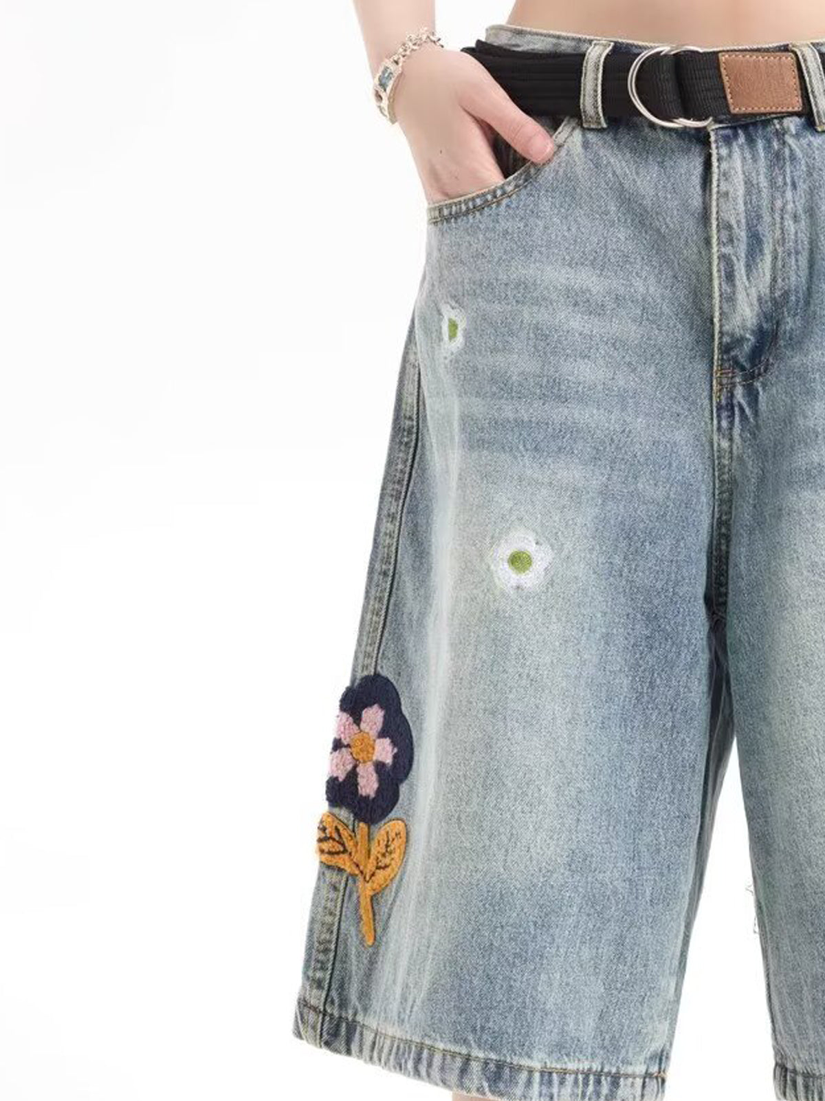 Men Floral Applique  Baggy Denim Shorts