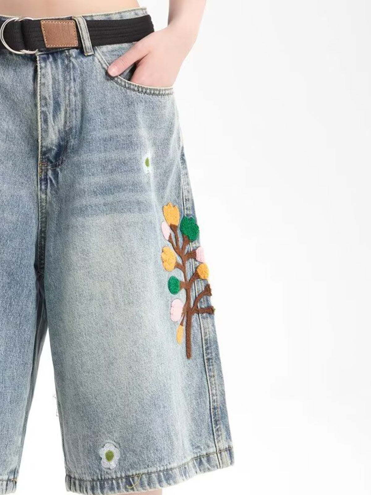 Men Floral Applique  Baggy Denim Shorts
