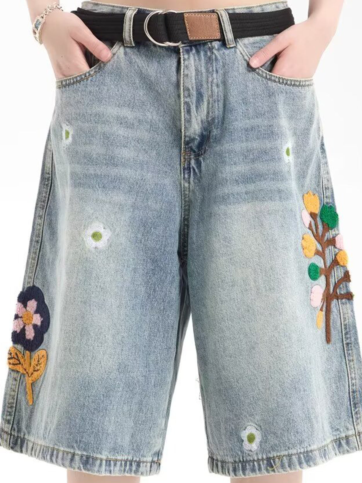 Men Floral Applique  Baggy Denim Shorts