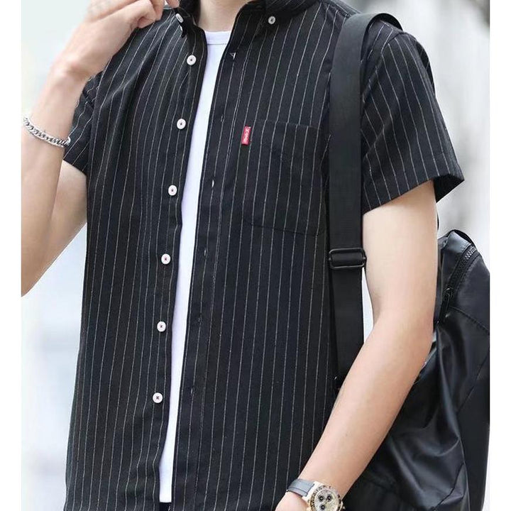 Men Vertical Striped Button-Down Collar Cotton Casual Shirt