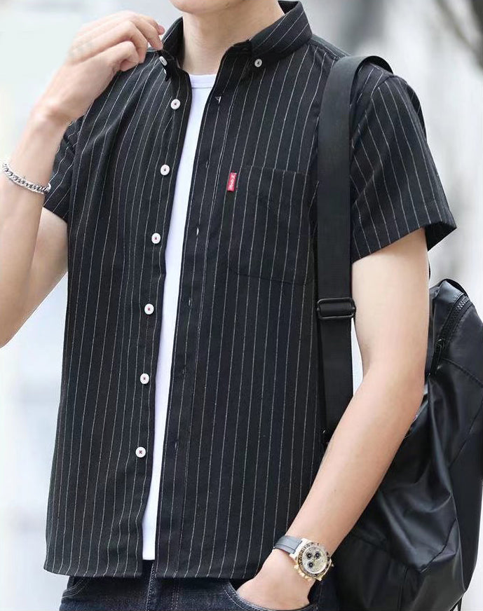 Men Vertical Striped Button-Down Collar Cotton Casual Shirt