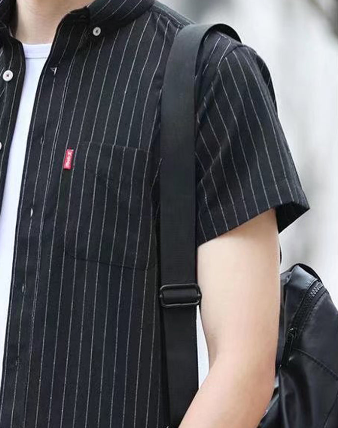 Men Vertical Striped Button-Down Collar Cotton Casual Shirt