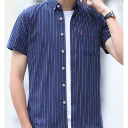Men Vertical Striped Button-Down Collar Cotton Casual Shirt
