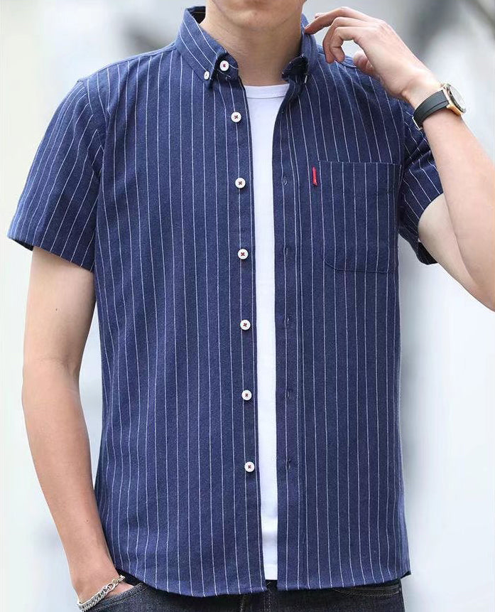Men Vertical Striped Button-Down Collar Cotton Casual Shirt