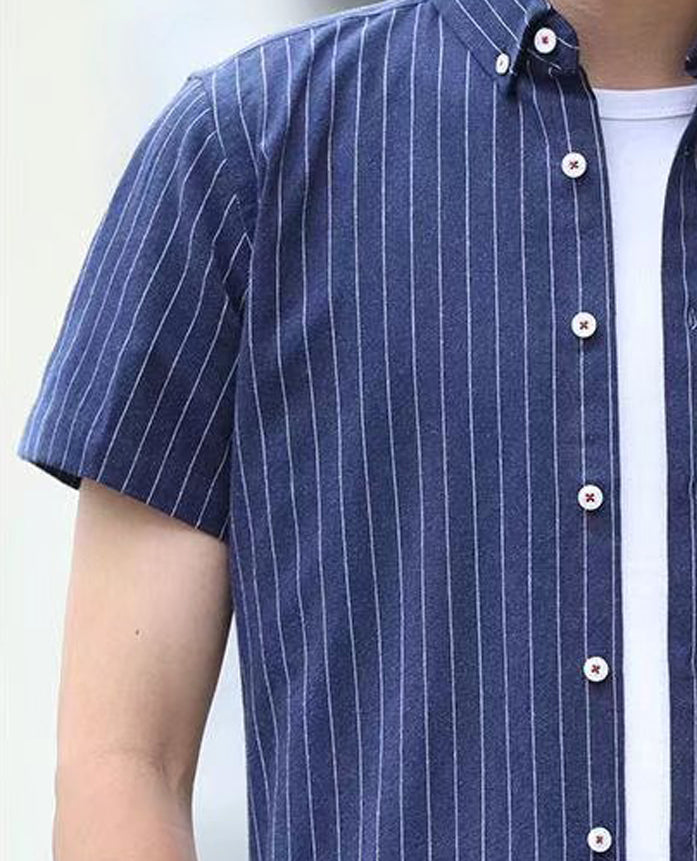 Men Vertical Striped Button-Down Collar Cotton Casual Shirt