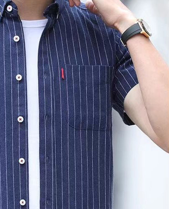 Men Vertical Striped Button-Down Collar Cotton Casual Shirt