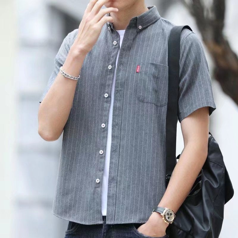 Men Vertical Striped Button-Down Collar Cotton Casual Shirt