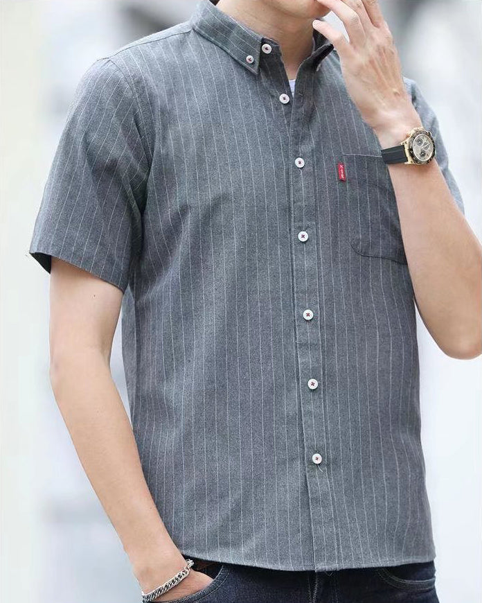 Men Vertical Striped Button-Down Collar Cotton Casual Shirt