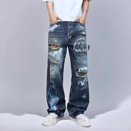 Men Straight Fit Mid-Rise Highly Distressed Light Fade Printed Jeans