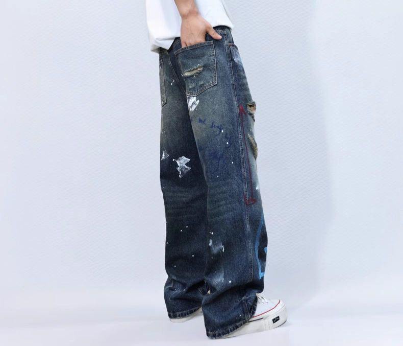 Men Straight Fit Mid-Rise Highly Distressed Light Fade Printed Jeans