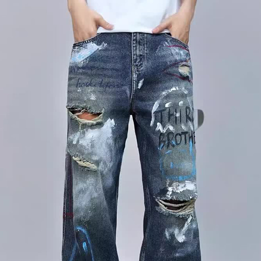 Men Straight Fit Mid-Rise Highly Distressed Light Fade Printed Jeans