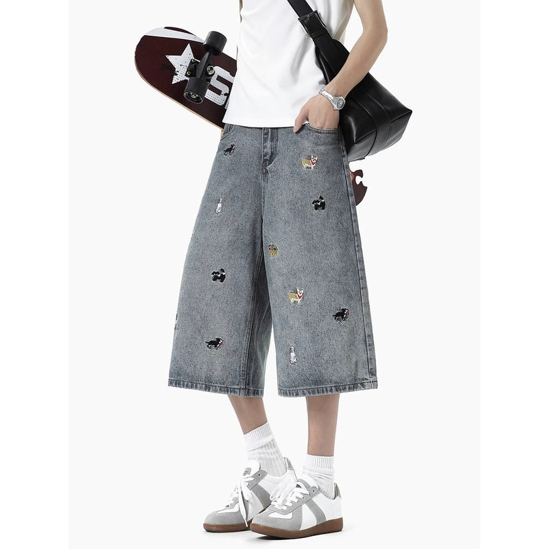 Men Animal Printed Baggy Mid-Rise Denim Shorts